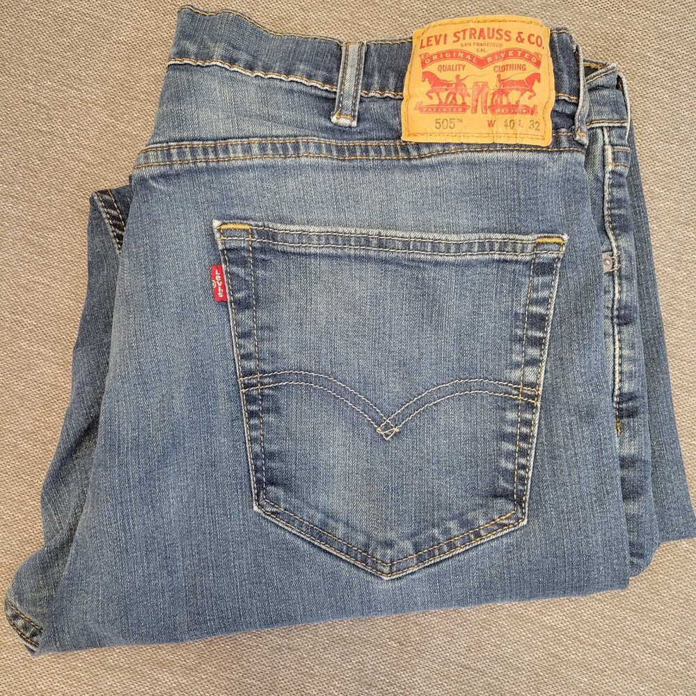 Levis 505 Mens Blue Regular Fit Straight Leg Jeans 40x32 Medium Wash Denim